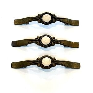 3 Vtg Brass Speckled Stone Center Hardware Cabinet Drawer Pulls Sundial Center